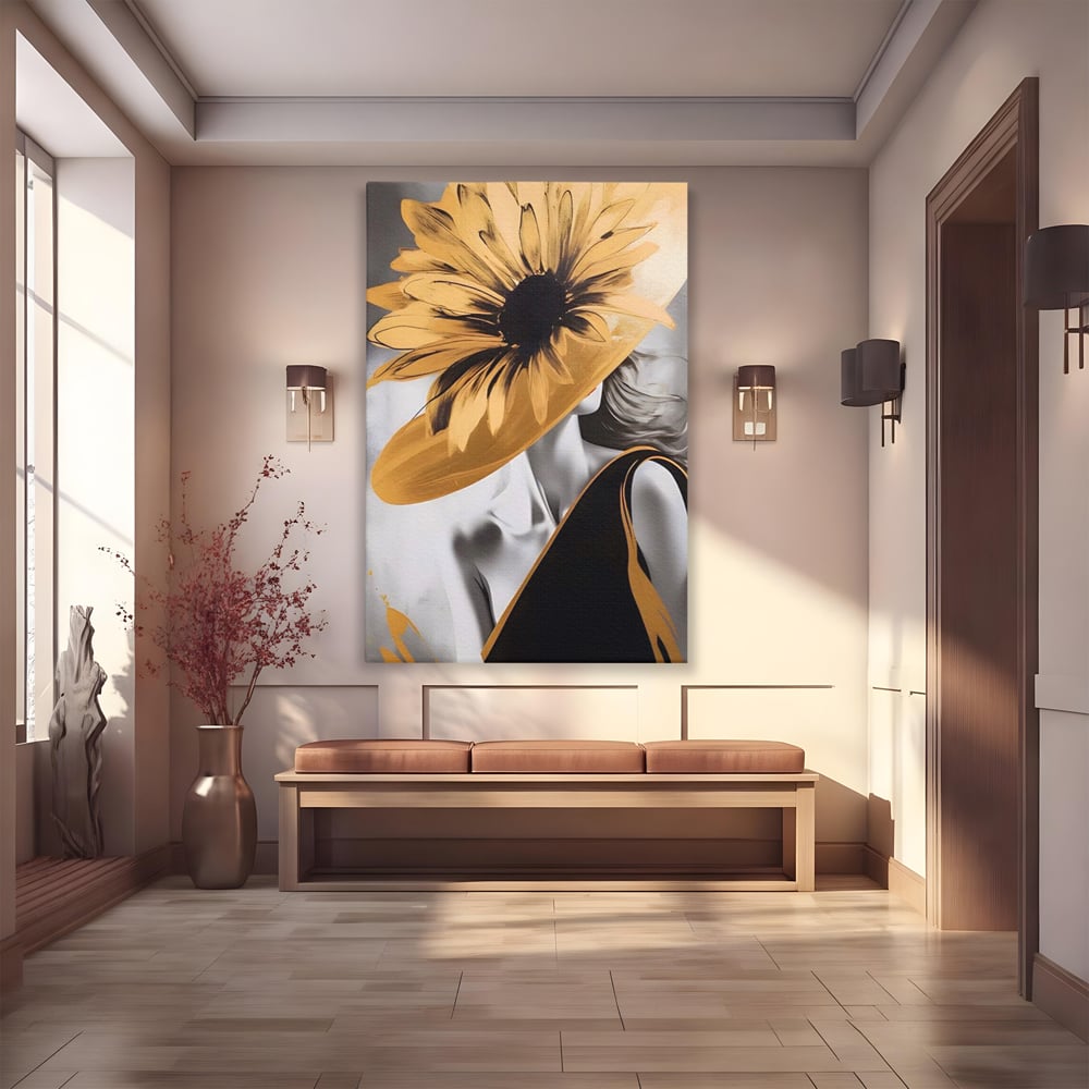 Tablou canvas cu tablou canvas cu portret de femeie si floarea-soarelui, fara rama, pe sasiu de lemn